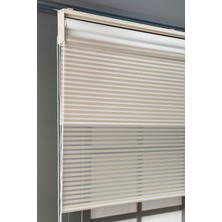 Bizden Perde Çift Mekanizmalı Kum Beji Jaluzi Görünümlü Tül ve Stor Güneşlik Perdeler