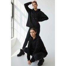 Giyim Dünyası Kadın Pendepe Üç Ip Şardonlu Kapşonlu Kanguru Cep Sweatshirt Siyah