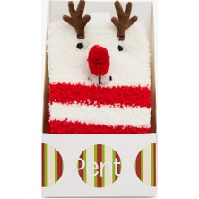 Penti Kırık Beyaz Ponponlu Geyik Desenli Çizgili Yılbaşı Soket Çorap