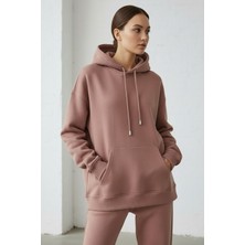 Giyim Dünyası Kadın Pendepe Üç Ip Şardonlu Kapşonlu Kanguru Cep Sweatshirt Somon