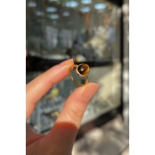 Erer Gümüş Gümüş 10X8 mm Kaplan Gözü Taşlı Altın Kaplama Yüzük