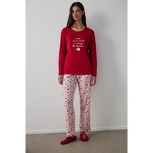 Penti Kırmızı Joyous Time Yılbaşı Temalı Bisiklet Yaka Pamuklu Uzun Kollu Pijama Takımı