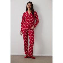 Penti Kırmızı Ayı Desenli Gömlek Yaka Uzun Kollu Pamuklu Pijama Takımı