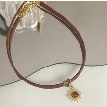 Kadın Choker Kolye Güneş Figürlü Kahverengi Deri Kolye