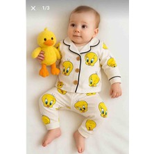 Kız Erkek Unisex Lüx Alt-Üst 2 Parça Tweety Desenli Canlı Pamuklu Pijama Takımı