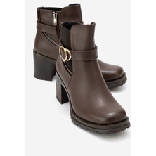 Luvi Heile Kahverengi Cilt Tokalı Kadın Kalın Topuklu Bot