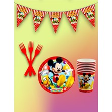16 Kişilik Mickey Mouse Temalı Tek Kullanımlık Servis Seti ve Flama
