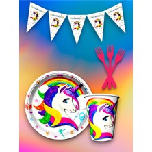 8 Kişilik Unicorn Temalı Tek Kullanımlık Servis Seti ve Flama