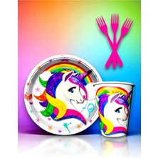 16 Kişilik Unicorn Temalı Tek Kullanımlık Servis Seti ve Flama