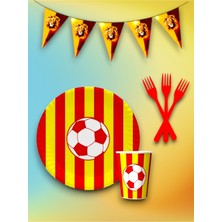 16 Kişilik Sarı Kırmızı Taraftar Temalı Tek Kullanımlık Servis Seti ve Flama