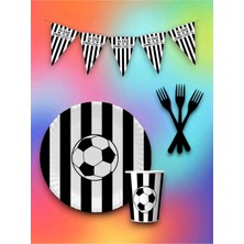 24 Kişilik Siyah Beyaz Taraftar Temalı Tek Kullanımlık Servis Seti ve Flama