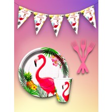 16 Kişilik Flamingo Temalı Tek Kullanımlık Servis Seti ve Flama