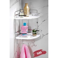 2 Katlı Kancalı Yapışkanlı Banyo Köşe Rafı, Ayarlanabilir Kristal Tasarım, Krom-Beyaz