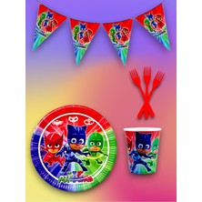 16 Kişilik Pijamask Temalı Tek Kullanımlık Servis Seti ve Flama