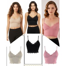 3'lü Crop Takım Askılı Dantelli Pedli Büstiyer Bluz (Paket Içeriği 1- Taş, 1-Pembe, 1-Siyah)