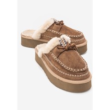 Luvi Yalına Toprak Süet Hakiki Deri Dikişli Kürklü Kadın Platform Tabanlı Makosen Terlik