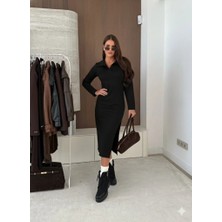 Kadın Uzun Kollu Yakalı Yandan Yırtmaçlı Midi Modal Elbise