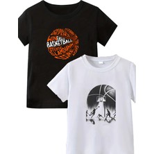 Makiteks 2li Kaliteli Pamuk Penye Unisex Kadın Erkek Basketball Baskılı Tshirt Siyah Beyaz Basketbol Tişört
