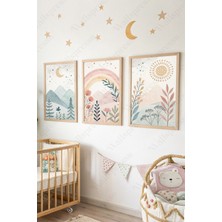 Wallspresso Çocuk Odası Ahşap Çerçeveli Tablo - 3'lü Tablo Seti - Bebek Odası Tablo - Üçlü Tablo - Bohem Tablo