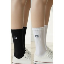 Kova Burcu Nakışlı Astrolojik Casual Yazlık Kışlık Pamuklu Unisex Siyah Beyaz 2 Çift Çorap