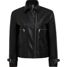 Derimod Paloma Kadın Siyah Kısa Oversize Kruvaze Yaka Deri Ceket 25WGD5608VE