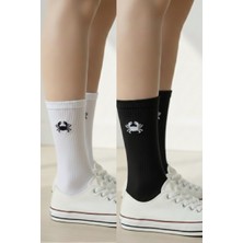 Yengeç Burcu Nakışlı Astrolojik Casual Yazlık Kışlık Pamuklu Unisex Siyah Beyaz 2 Çift Çorap Seti.