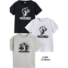 Makiteks 3lü Pamuk Kız Erkek Çocuk Voleyball Baskılı Tshirt Tişört 5 6 7 8 9 10 11 12 13 14 Yaş Voleybol