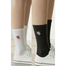 Unisex Tom ve Jery Nakışlı Pamuklu Yazlık Kışlık Siyah Beyaz Eğlenceli Jerry Soket Çorap Seti