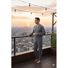 Sude Homewear Ercan Önden Düğmeli Gri Renk Erkek Pijama Takımı