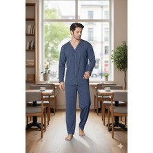 Sude Homewear Erkek Petrol Mavisi Uzun Kollu Önden Düğmeli Süprem Kumaş Pijama Takımı