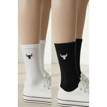 Boğa Burcu Nakışlı 2 Çift Siyah Beyaz Tenis Gym Fitness  Pamuklu Yazlık Kışlık Çorap Seti
