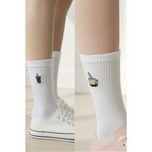 Minimal Sevimli Fincan Kahve Latte ve Bardak Nakışlı Unisex 2 Çift Çorap Seti
