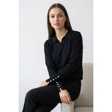 Giyim Dünyası Kadın Polo Yaka Düz Kazak Siyah