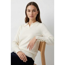 Giyim Dünyası Kadın Polo Yaka Düz Kazak Ekru
