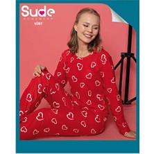 Sude K301 Suet Bayan Uzun Kol Pijama Takımı-Kırmızı--