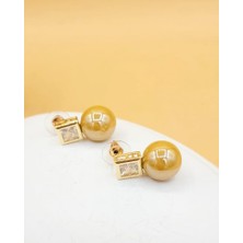 Nevoka Şampanya Inci Gold Kare Taş Minimal Küpe