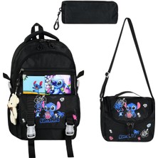 KumOziShop Stitch Baskılı Ortopedik Aksesuarlı Anahtarlıklı Okul Çantası Termal Beslenme ve Kalemlikli Set