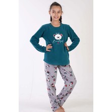 Vienetta Kız Çocuk Yumuşak Polar Yeşil Pijama Takımı – Uzun Kollu, Desenli Model C4T0N0503