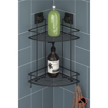 Mat Siyah Iki Katlı Askılı Köşe Banyo Rafı, Şık ve Kullanışlı Tasarım.