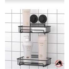 Iki Katlı Siyah Yapışkanlı Vakumlu Banyo Rafı, Duş ve Sabunluk Için Şık Tasarım