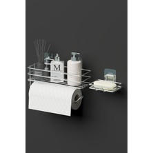 Krom Gümüş Yapışkanlı 2'li Banyo Seti, Rulo Kağıt, Havluluk, Sabunluk, Duvar Organizer