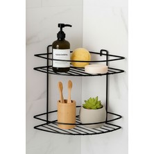 Iki Katlı Vidalı Köşe Rafı Banyo Organizeri Askılı Siyah