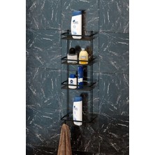 Dört Katlı Kanca ile Modern Siyah Banyo Rafı, Şık ve Kullanışlı Tasarım