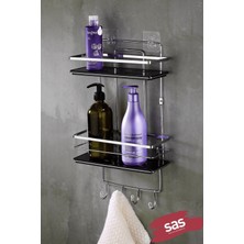 2 Katlı Kancalı Yapışkanlı Banyo Duş Rafı, Ayarlanabilir Kristal Raf, Krom ve Siyah