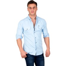 Deepsea Erkek Buz Mavisi Slim Fit Dar Kesim Pamuklu Spor Gömlek Çıtçıtlı Likralı Gabardin Gömlek 2300421