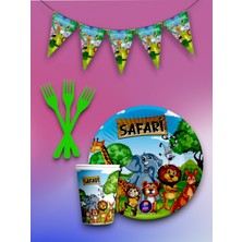 8 Kişilik Safari Temalı Tek Kullanımlık Servis Seti ve Flama