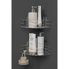 2'li Metal Köşe Banyo Rafı Seti, Krom, 20X20X7 Cm, Yapışkanlı, Düzenleyici