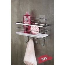 4 Kancalı Ayarlanabilir Banyo Duş Rafı, Paslanmaz Kristal, Krom-Beyaz