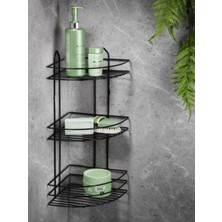 3 Katlı Siyah Metal Banyo Köşeliği, Yapışkanlı Duş Rafı ve Paslanmaz Düzenleyici