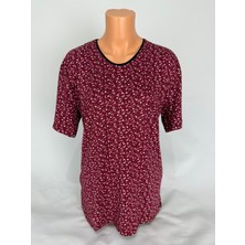 Yaşar Triko Kadın Bordo U Yaka Kısa Kollu Çiçek Desenli Yırtmaçlı Dokuma Viskon Anne Penye Tişört